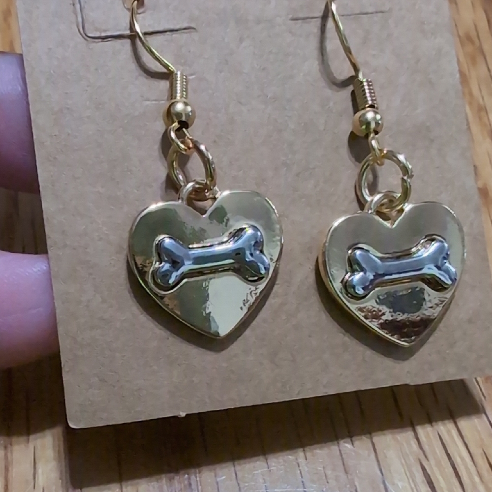 Gold and Silver Heart Bone Dog Earrings